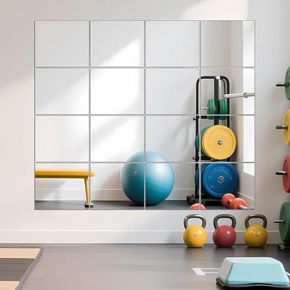 Ruomeng Home Gym Mirrors 14" x 12" x 16Pcs Wall Mounted Mirror Glass Frameless Full Length Mirror Tiles for Home Gym, Bedroom, Door & Bathroom