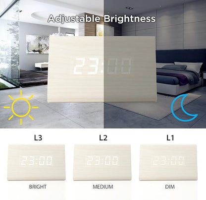 OCT17 Wooden Wood Clock, New Version LED Alarm Digital Desk Clock Adjustable Brightness, Alarm Time, Displays Time Date Temperature - White
