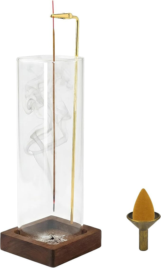 1 Pack HZCPENG Incense Holder, 2 in 1 Incense Burner for Sticks or Backflow Incense, Anti-ash Square Incence-Stick Holder with Wooden Base for Meditation, Yoga, Relaxation, and Home Décor