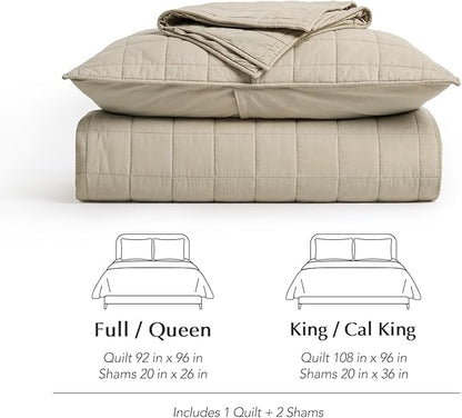 EVERGRACEHOME 100% Cotton Box Stitch Quilt Bedding Set King Size 3 Pieces, Garment-Washed Lightweight Soft Cozy Coverlet, Oversized Quilted Bedspread Sets with 2 Shams for All Season, Pebble Khaki