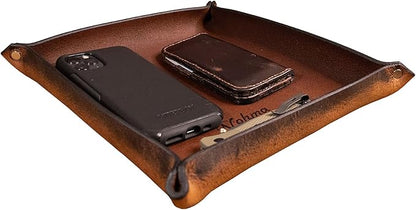 Valet Tray – Full-Grain Leather Catchall Organizer for Keys, Phone & Wallet – Rustic Nightstand & Desk Tray with Raised Sides – Handmade in USA (Vintage Brown, Medium Square)