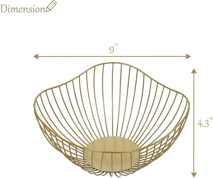 IBWell Antique Curved Edge Fruit Basket for Kitchen Gold Wire Basket Fruit Bowl for Home Decor Metal Wire Fruit Holder for Fruit Vegetable Snacks