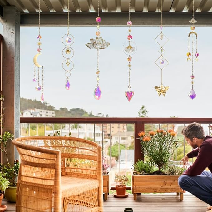6pcs Crystal Suncatcher, Sun Catcher Hanging for Windows, Spiritual, Rainbow Maker, Crystal Indoor Garden Home Decor,Gemstone Prism（Set 1）