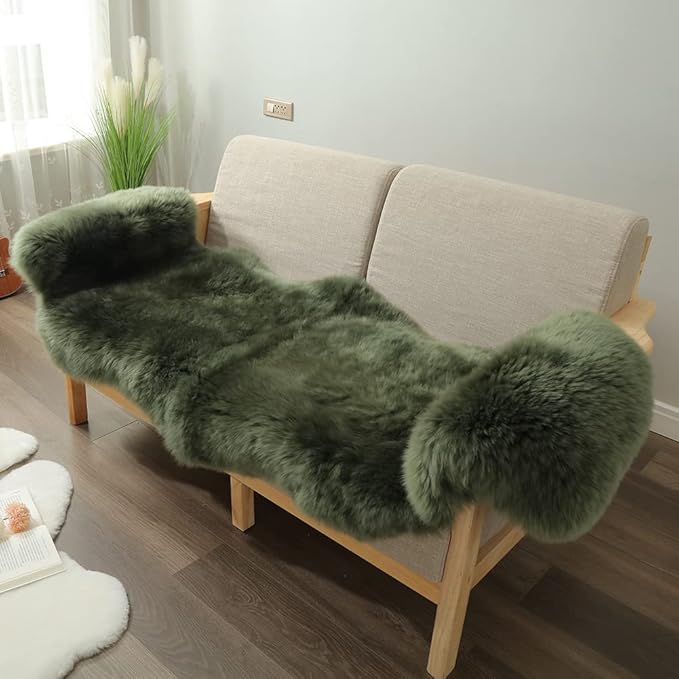 LLB Genuine Sheepskin Area Rug Fur Carpet Fluffy Shaggy Fur Rug for Living Room Kids Bedroom Real Sheepskin Throw Lambskin Aesthetic Rugs Sofa Mat Chair Seat Covers (Dark Green, 2 x 6 ft Sheepskin)
