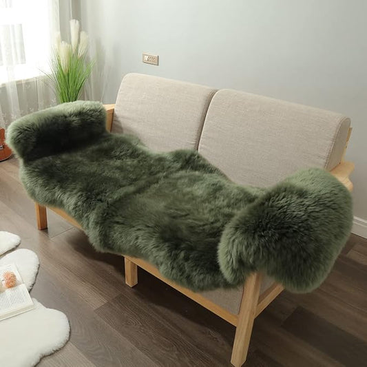 LLB Genuine Sheepskin Area Rug Fur Carpet Fluffy Shaggy Fur Rug for Living Room Kids Bedroom Real Sheepskin Throw Lambskin Aesthetic Rugs Sofa Mat Chair Seat Covers (Dark Green, 2 x 6 ft Sheepskin)