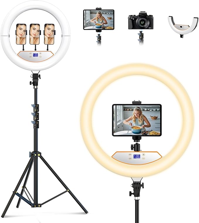 18 inch Ring Light with Stand+10 inch Light,Foldable Large Ring Light for ipad iPhone,LCD Display/4 Clips/2 USB Ports,2700-6500K with Tripod for Tattoo Lash Barber Makeup Photography Lighting