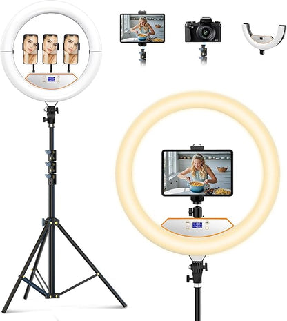 18 inch Ring Light with Stand+10 inch Light,Foldable Large Ring Light for ipad iPhone,LCD Display/4 Clips/2 USB Ports,2700-6500K with Tripod for Tattoo Lash Barber Makeup Photography Lighting