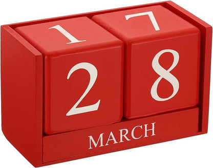 PATIKIL Vintage Wood Block Perpetual Calendar, Reusable Wooden Month Date Display Blocks for Desk Office Home Decoration 6.1", Red