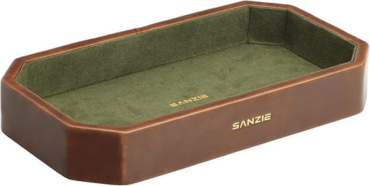 SANZIE Leather Tray Organizer Small Trays Decorative Tray Desktop Storage Premium Serving Tray Valet for Sundries Cosmetics Keys Phone Wallet Cutlery (Brown, Small)