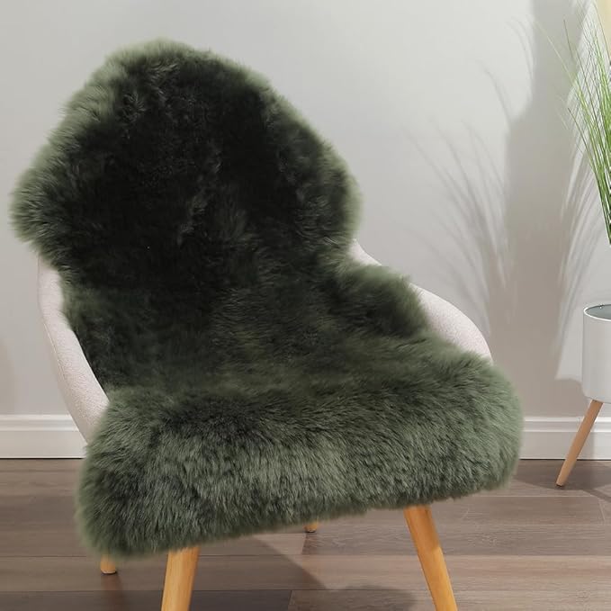 Premium Genuine Fur Sheepskin Rug Real Australia Sheepskin Natural Luxury Fluffy Lambskin Fur Area Rug Seat Covers for Kids Bedroom Sofa Chair Cover (Military Green, Single Pelt/2ft x 3ft)