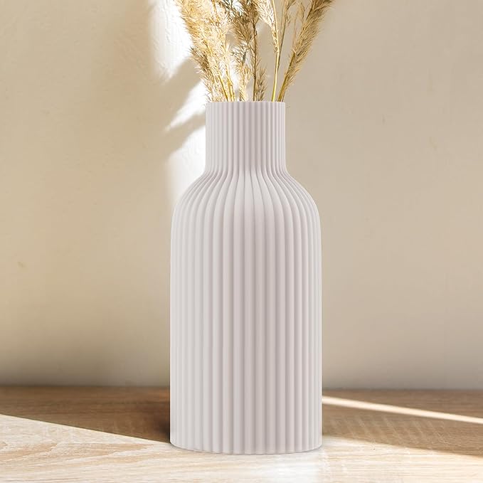 White Ceramic Flower Vase, Minimalist Modern Home Decor, Matte Finish Pampas Grass Vase for Table, Fireplace, Shelf, Mantel, Entryway and Centerpieces (10in)