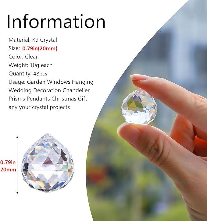 HDCRYSTALGIFTS 48pcs Clear Crystal Ball Prism 20mm Chandeliers Prism Sun Shine Catcher Rainbow Pendants Maker, Hanging Crystals Prisms for Windows Glass Ball Ornaments for Christmas Tree