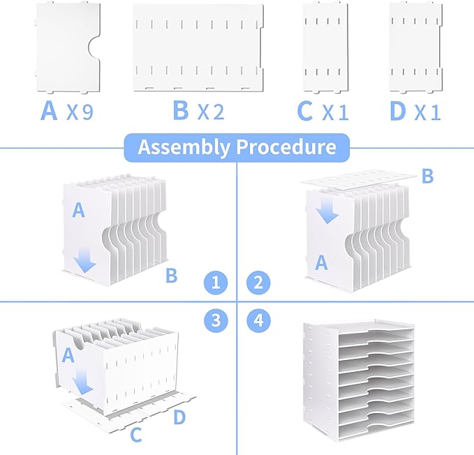 Paper Organizer Storage for Desk, 9 Tier Construction File Organizer Paper Sorter, Desktop Document Storage Holder for Home Office School, 14 1/8" x 10 1/4" x 15 3/8", White