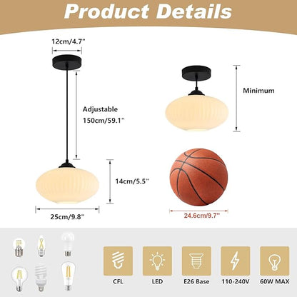 KCO Lighting Large Milk Glass Pendant Light Black and White Pendant Light Mid Century Modern Hanging Ceiling Light Fixture Industrial Farmhouse Pendant Lights Kitchen Island