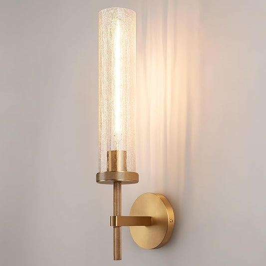 19.5" Knurled Brass Wall Sconce with Crackle Glass Tube, Gold Bathroom Vanity Light Fixtures, Modern Lamp Lighting for Bedroom, Living Room, Hallway, Staircase, Mirror, Kitchen