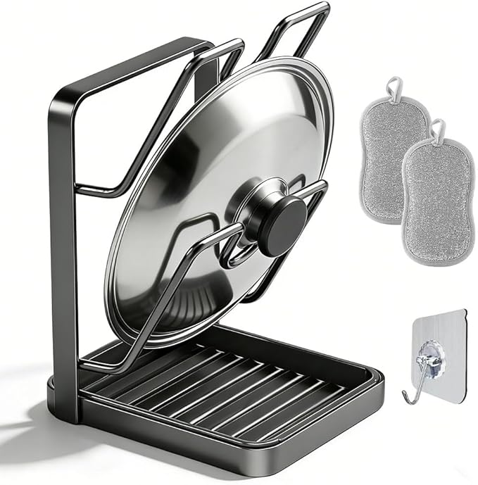 Kitchen Pot Lid Storage Rack, Multifunctional Utensils Pan Pot Cover Lid Rack Shelf for Pots Lids, Spatulas Multifunctional Kitchen Pot Lid Organizer for Countertop (Gunmetal Gray Double Layer)