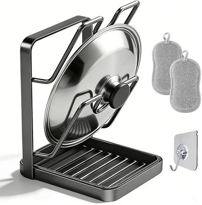 Kitchen Pot Lid Storage Rack, Multifunctional Utensils Pan Pot Cover Lid Rack Shelf for Pots Lids, Spatulas Multifunctional Kitchen Pot Lid Organizer for Countertop (Gunmetal Gray Double Layer)