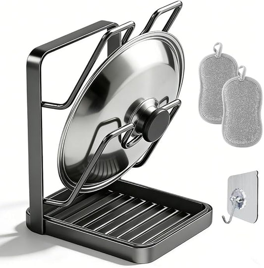 Kitchen Pot Lid Storage Rack, Multifunctional Utensils Pan Pot Cover Lid Rack Shelf for Pots Lids, Spatulas Multifunctional Kitchen Pot Lid Organizer for Countertop (Gunmetal Gray Double Layer)