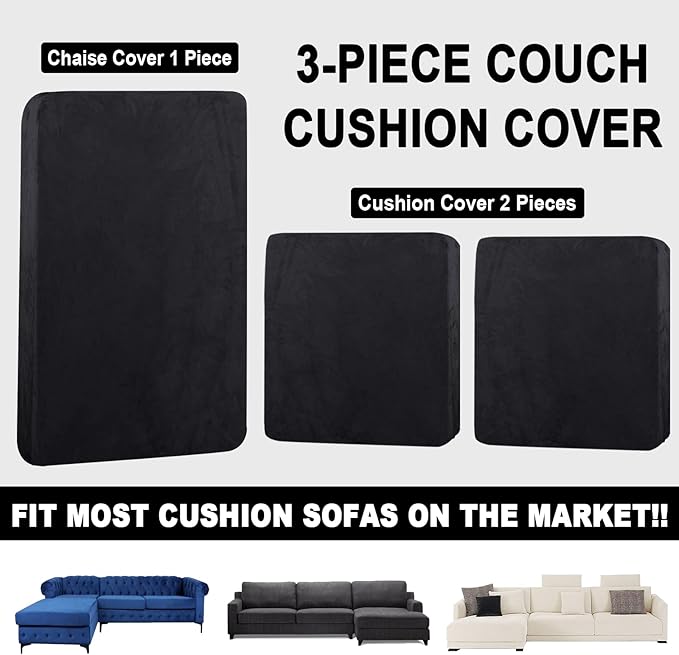 Sectional Couch Covers for 3-Piece Seat Cushion Velvet Separate L Shape Couch Cover Stretch Sofa Slipcover with 2 Pieces Pillowcases Furniture Protector (Sofa 2 Seater + 1 Chaise, Black)