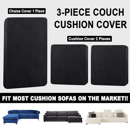 Sectional Couch Covers for 3-Piece Seat Cushion Velvet Separate L Shape Couch Cover Stretch Sofa Slipcover with 2 Pieces Pillowcases Furniture Protector (Sofa 2 Seater + 1 Chaise, Black)