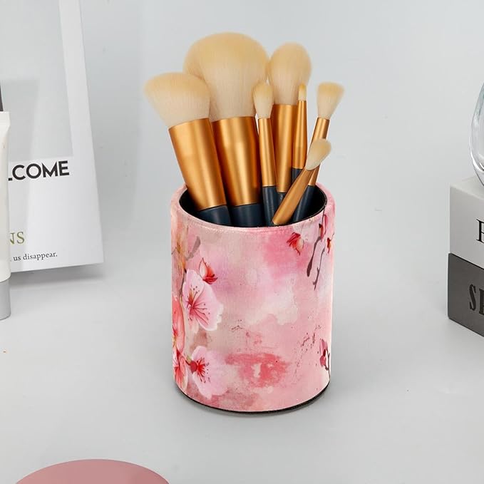 Pen Holder for Desk, Pink Cherry Blossoms Japanese Pattern Round Leather Stand Pencil Cup Office Desk Organizer for Women Men Teachers, 3.9 x 3.9 x 3.1 inches