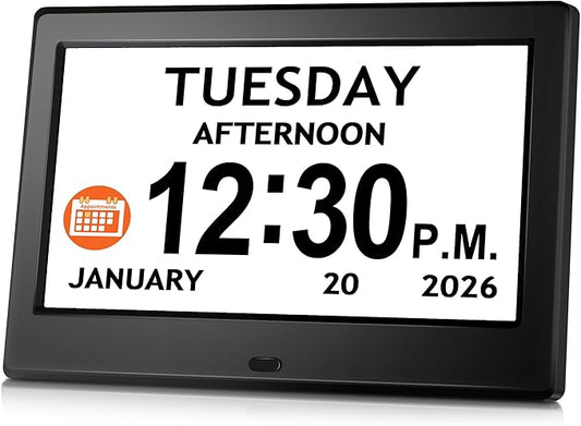 7'' Digital Clock, Dementia Clock With Date And Time, 10 Reminders, 6 Alarms, Auto-Dimming, Auto DST, Remote Control, Large Display Alarm Clock For Seniors, Gifts For People With Dementia, Alzheimers