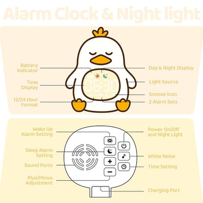 Sleepy Duck Alarm Clock with Night Light for Kids with Sleep Training and Sound Machine, Rechargeable Silicone Lamp OK to Wake Clock，Cute Animal Tabletop Lamp, Perfect Sleep Companion for Boys Girls