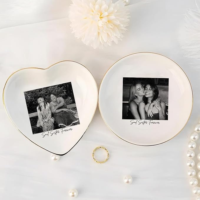 Personalized Besties Photo Ring Dish, Custom Jewelry Dish Gift for Besties, Soul Sister Trinket Dish Gift for Long Distance Friendship Women BFF Christmas Birthday Wedding Gift