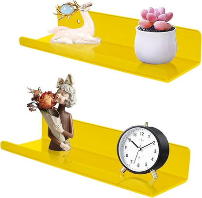 ROYALITA Small Acrylic Shelves Wall Mounted | Set of 2 | 12 Inches | Wall Hanging Plant Display Shelves, Room Decor Floating Wall Shelves for Gaming Room Bedroom, Living Room, Office, Yellow