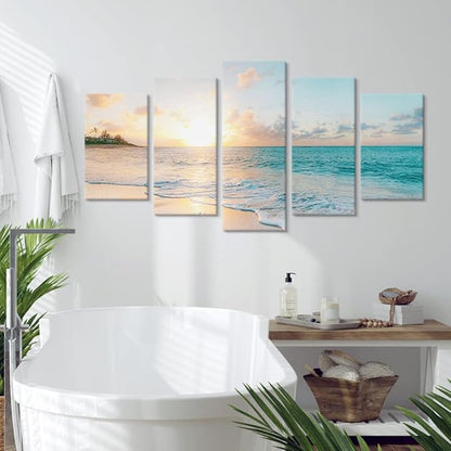 Goldfoilart 5 Pieces Beach Sunset Canvas Wall Art Blue Sea Prints Romantic Ocean Waves Pictures Painting for Living Room Bedroom Home Decorations Wall Decor Ready to Hang