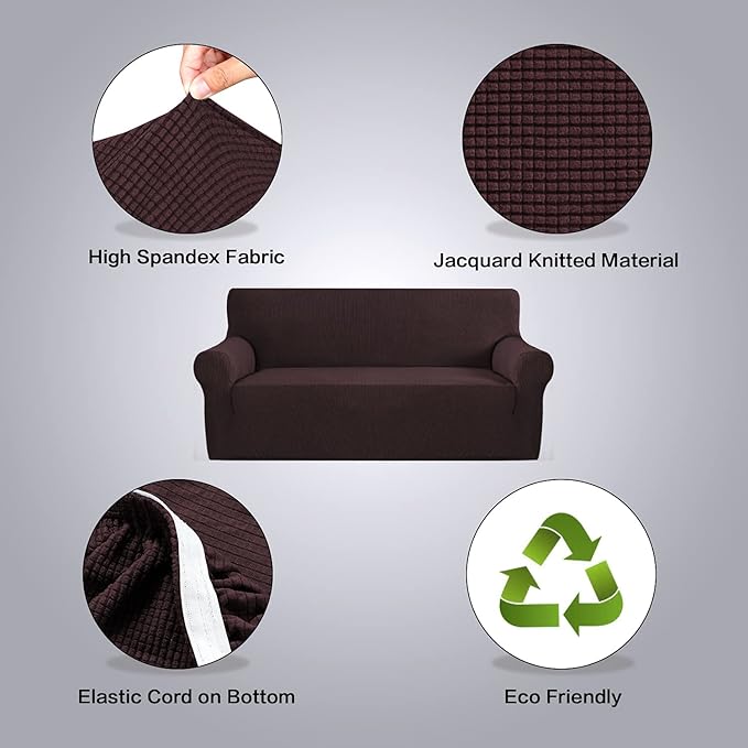 H.VERSAILTEX Stretch Couch Covers for 3 Cushion Couch Sofa Pet Friendly Soft Covers for Couches Feature Thick Checked Jacquard Fabric with Elastic Bottom, Sofa Large - Chocolate