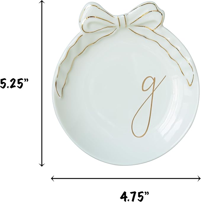 COLLECTIVE HOME - Personalized Initial Ceramic Jewelry Tray with Bow, Christmas Gift Ideas for Women, Small Gift for Girlfriend Wife, Ring Holder, Earrings Dish, Birthday Gift for Her (G)
