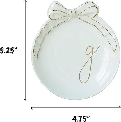COLLECTIVE HOME - Personalized Initial Ceramic Jewelry Tray with Bow, Christmas Gift Ideas for Women, Small Gift for Girlfriend Wife, Ring Holder, Earrings Dish, Birthday Gift for Her (G)