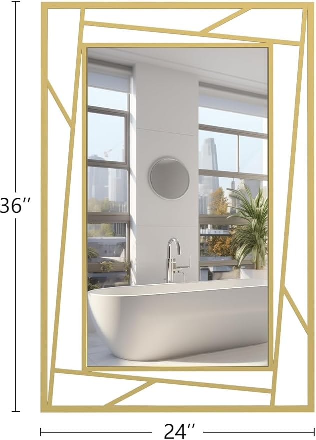 Brushed Gold Bathroom Mirror, 36''X24'' Rectangular Wall Mirrors with Geometric Metal Frame for Bathroom Bedroom Living Room, Hang Horizontally or Vertically