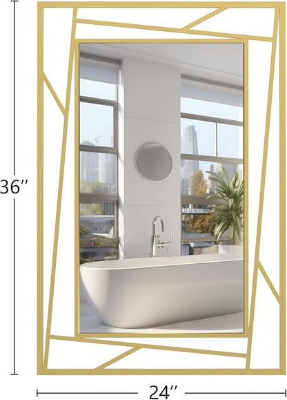 Brushed Gold Bathroom Mirror, 36''X24'' Rectangular Wall Mirrors with Geometric Metal Frame for Bathroom Bedroom Living Room, Hang Horizontally or Vertically