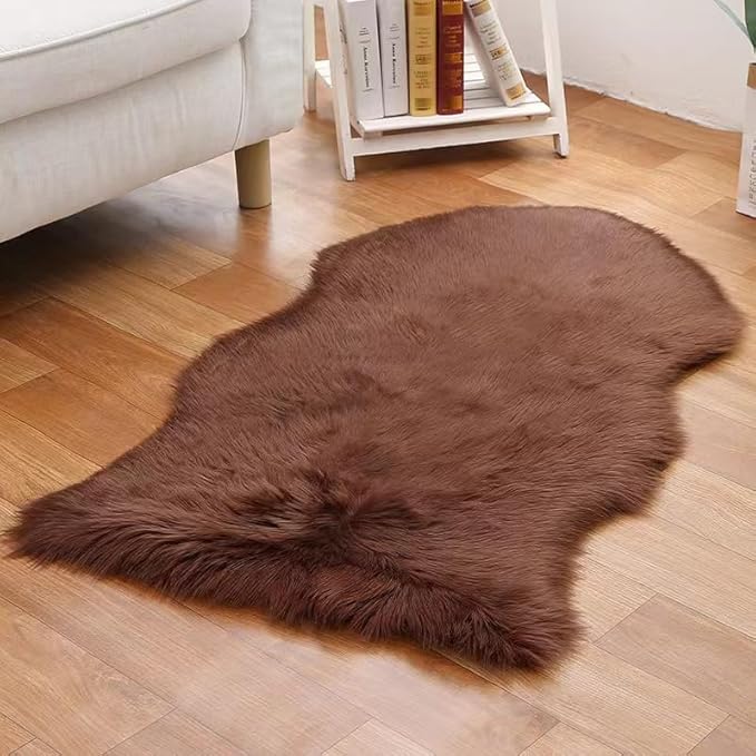 Faux Fur Small Rug 2 x 3 ft Coffee Shaggy Sheepskin Machine Washable Fuzzy Area Rug Super Soft Fluffy Plush Carpet for Bedroom Living Room Floor Nursery Kids Room Bedside Rug