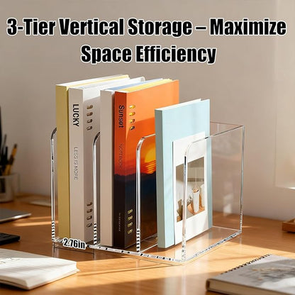 1 Pcs 3-Section Acrylic Magazine File Holder, Desk Organizer Book Rack with 3 Vertical Compartments, Magazine Holders for Book Envelope, Desk Organizer for Home Office