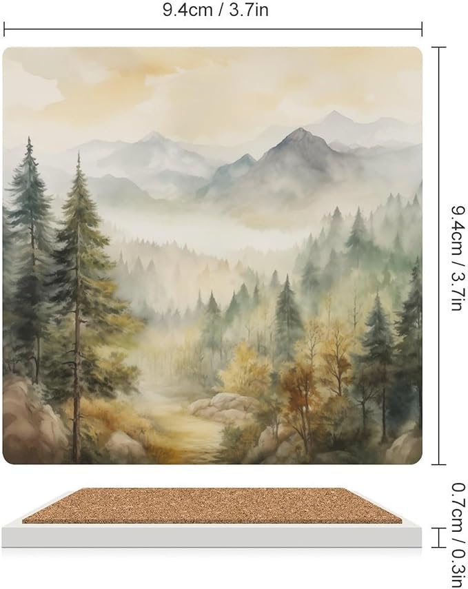 Forest Drink Coasters, Square Ceramic Drink Coaster Square-6PCS, Watercolor Mountain Forest Nature Tree Woodland Decor Absorbent Ceramic Coasters for Beverage Cup, Bar, Coffee Table