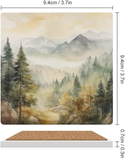 Forest Drink Coasters, Square Ceramic Drink Coaster Square-6PCS, Watercolor Mountain Forest Nature Tree Woodland Decor Absorbent Ceramic Coasters for Beverage Cup, Bar, Coffee Table