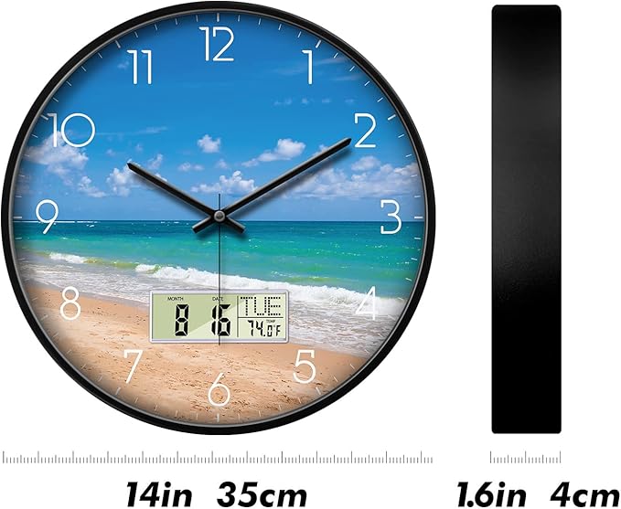 Modern Wall Clocks with Calendar and Date Ocean Wave Sea Beach Digital Clock Large Display Non-ticking Kitchen Silent Clock With Day and Temperature for Elderly Farmhouse Living Room Bathroom 14 Inch