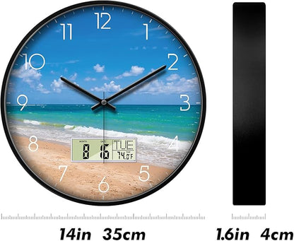 Modern Wall Clocks with Calendar and Date Ocean Wave Sea Beach Digital Clock Large Display Non-ticking Kitchen Silent Clock With Day and Temperature for Elderly Farmhouse Living Room Bathroom 14 Inch
