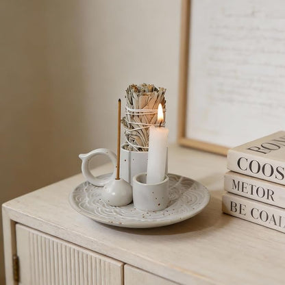 4-in-1 White Ceramic Palo Santo Burner & Holder - Versatile Candle and Smudge Tray for Incense Sticks, Cones, and Sage - Ideal Zen Meditation Altar Accessory for Enhanced Aromatic Experience