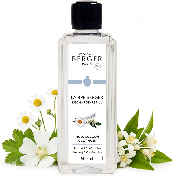 Maison Berger Cozy Musk Lampe Berger Refill, 500 ml (16.9 fl oz), Odor-Neutralizing Home Fragrance Oil for Maison Berger Lamps, Orange Blossom, Roman Chamomile, White Musks, Made in France