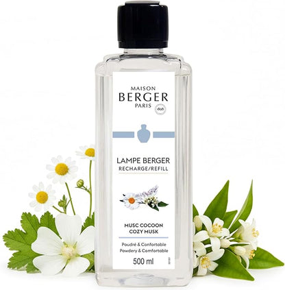 Maison Berger Cozy Musk Lampe Berger Refill, 500 ml (16.9 fl oz), Odor-Neutralizing Home Fragrance Oil for Maison Berger Lamps, Orange Blossom, Roman Chamomile, White Musks, Made in France