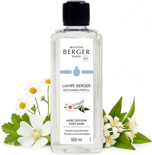 Maison Berger Cozy Musk Lampe Berger Refill, 500 ml (16.9 fl oz), Odor-Neutralizing Home Fragrance Oil for Maison Berger Lamps, Orange Blossom, Roman Chamomile, White Musks, Made in France