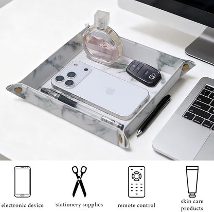 Valet Tray Desktop Storage Organizer – Premium PU Leather Catchall Bedside Vanity Tray Nightstand Caddy Holder for Remote Controller, Keys, Phone, Wallet, Coin, Jewelry,Marble White