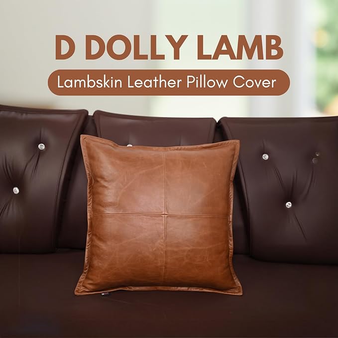 D DOLLY LAMB Lambskin Leather Pillow Cover - Sofa Cushion Case - Decorative Throw Covers for Living Room & Bedroom, 14x14 Inches - Tan Orange Box Pack of 2
