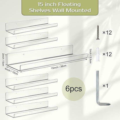 Boxalls Acrylic Clear Shelves - 6 Pack, 15 Inches Wall Storage Organizer Floating Shelf for Bathroom, Bedroom, Kitchen Variety Room, High Transparency Acrylic Waterproof Shelves