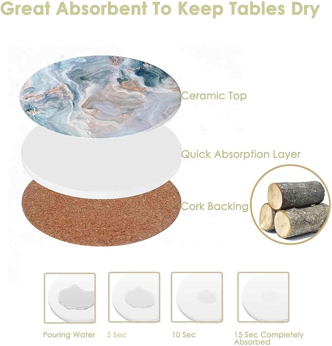 Drink Coasters with Holder 6 Pack, Ceramic Marble Style, Absorbent Abstract Coasters Set, 4in Cup Mat for Any Cups, Home, Living Room Decor, Tabletop-Protection for Coffee Beverage-Light Blue
