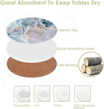 Drink Coasters with Holder 6 Pack, Ceramic Marble Style, Absorbent Abstract Coasters Set, 4in Cup Mat for Any Cups, Home, Living Room Decor, Tabletop-Protection for Coffee Beverage-Light Blue